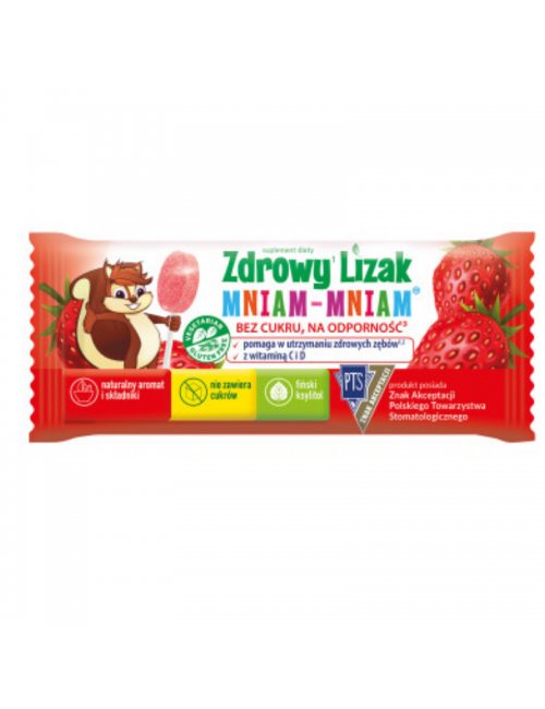 LIZAK O SMAKU TRUSKAWKOWYM Z WITAMINĄ D I C BEZGLUTENOWY 6 g - MNIAM MNIAM STARPHARMA