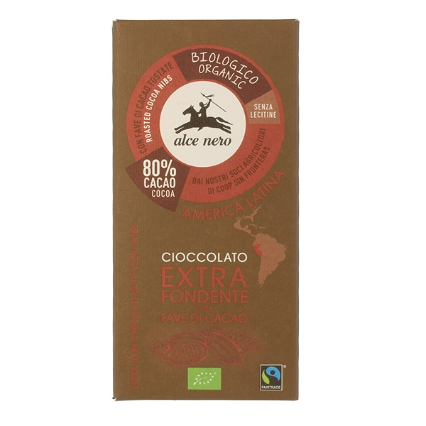 CZEKOLADA GORZKA Z ZIARNAMI KAKAOWCA FAIR TRADE BEZGLUTENOWA BIO 100 g - ALCE NERO